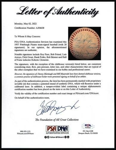 Roberto Clemente 1957 Pittsburgh Pirates Takımı Beyzbol PSA DNA ORTAK İmzalı Beyzbol Topları İmzaladı