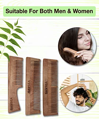 Savsea Neem Ahşap tarak Erkekler ve Kadınlar için 3'lü Paket Combo ve Bambu Pamuk kulak Tomurcukları 240 adet (80