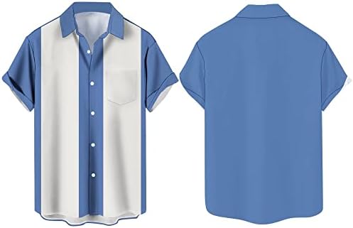 Erkek Vintage Bowling Gömlek 1950 s Rahat Kısa Kollu Düğme Up Kontrast Gömlek Yaz Renk Blok Küba Gömlek