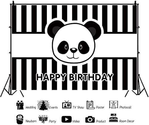 Renaiss 5x3ft Karikatür Panda Mutlu Doğum Günü Zemin Siyah ve Beyaz Şerit Bebek Duş Sevimli Fotoğraf Fotoğraf Arka