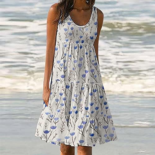 Kadınlar için yaz Plaj Elbise, bayan Yaprak Baskı Sundress Pileli Katmanlı Gevşek Shift Elbise Casual Crewneck Midi