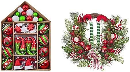 Valery Madelyn Keyifli Elf Kırmızı Yeşil Beyaz Noel Süslemeleri Paketi (2 Ürün) / 70ct Top Süsler + 24 inç Noel Çelenk