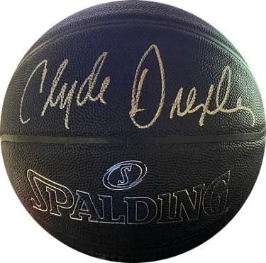 Clyde Drexler imzalı Spalding Black Super Tack Pro NBA Kompozit Deri Basketbol-JSA Tanık Oldu (Trail Blazers & Rockets)