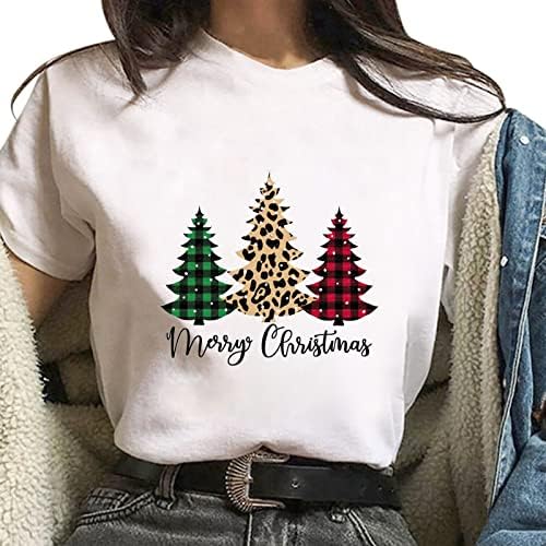 BRKEWI Beyaz Kısa Kollu Gömlek Kadın Crewneck Tunik Üstleri Temel Sevimli Noel T-Shirt Gevşek Rahat Yeni Yıl 2023