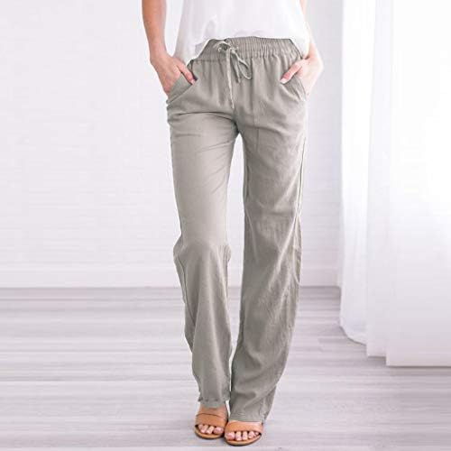 Keten Pantolon Kadın Uzun Keten Bel İpli Düz Kadın Pantolon Düz ve Rahat Elastik Pamuk Uzun pantolon Geniş Bacak