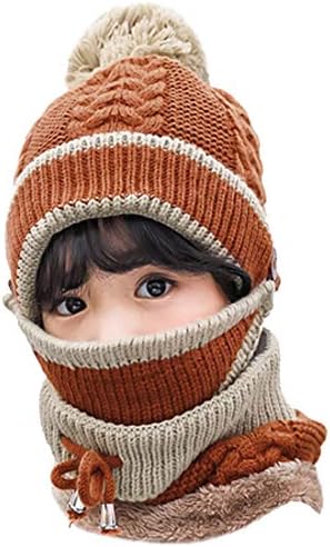 3 in 1 Kış Örme Bere Şapka Ağız Boyun İsıtıcı Seti Kız Erkek Çocuklar için, sıcak Polar Astarlı Kayak Kapaklar Ponpon