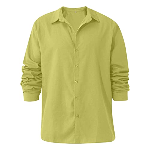 Erkek Keten Düğme Aşağı Gömlek Casual Uzun Kollu Yaz Plaj Gömlek Tops Hafif Düz Renk Gevşek Fit Gömlek (Sarı 2, X-Large)