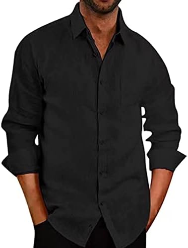 Erkek Keten Düğme Aşağı Gömlek Casual Uzun Kollu Yaz Plaj Gömlek Tops Katı Roll-Up Kollu Düzenli Fit Gömlek (Siyah,