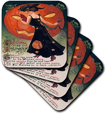 Siyah 3dRose cst_6039_1 Vintage Cadılar Bayramı Bayan-Yumuşak Bardak, 4 Set