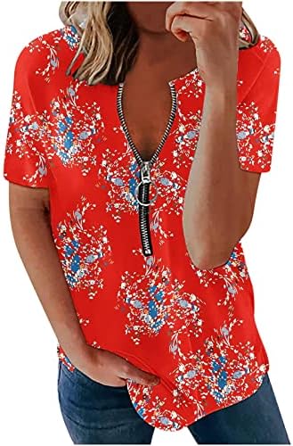 Bayan Yaz Üstleri 2023 Kısa Kollu Gömlek Seksi V Boyun Gevşek Fit Zip Up Tops Çiçek Baskılı Henley Gömlek Bluzlar