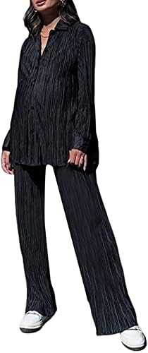 Sydotuor kadın 2 Parça Kıyafetler Pilili Büyük Boy Uzun Kollu Düğme Aşağı Gömlek Elastik Bel Geniş Bacak Pantolon