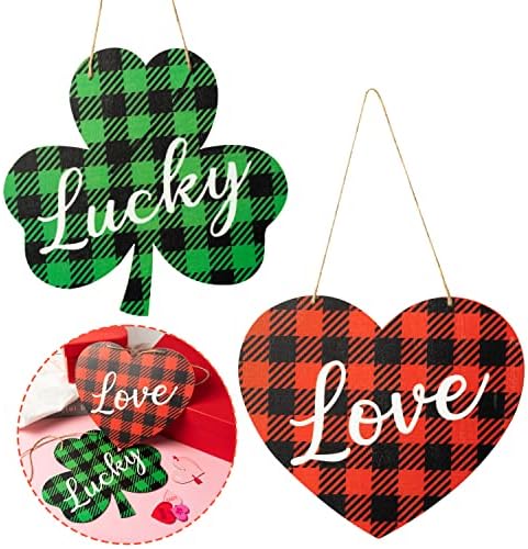 2 Adet Sevgililer Günü Aziz Patrick Günü Ahşap Kapı İşareti, Sevgililer Günü Aşk Kalp Şeklinde Ahşap Kolye Dört Yapraklı