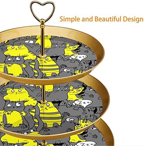 Plastik sergileme rafı Kek Standı, 3 Katmanlı Büfe Servis Tepsisi Gıda Ekran, Komik Karikatür Kedi Sarı Gri Cupcake