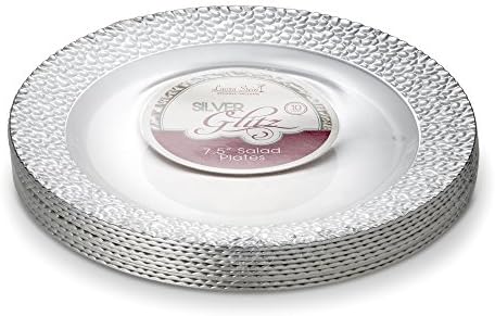 [8 Sayım - 7 inç Tabaklar] Laura Stein Tasarımcı Sofra Takımı Premium Ağır Plastik Beyaz Meze-Gümüş Bordürlü Salata