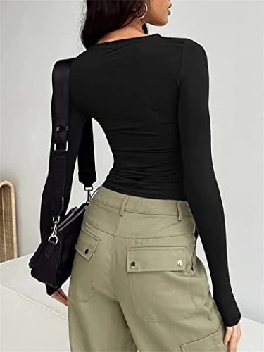 Hafailia Gömme Temel Uzun Kollu Gömlek Kadın Rahat Y2K Uzun Kollu Üstleri Crewneck Slim Fit Tişörtleri