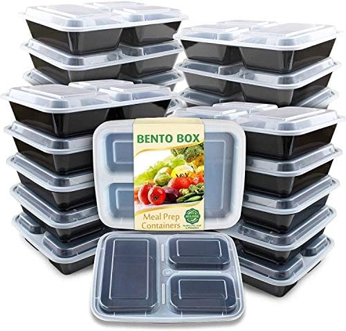 Enther Yemek Hazırlama Kabı 20 Paket Kapaklı 3 Bölme Gıda Saklama Bento Kutusu BPA İçermez / Yeniden Kullanılabilir