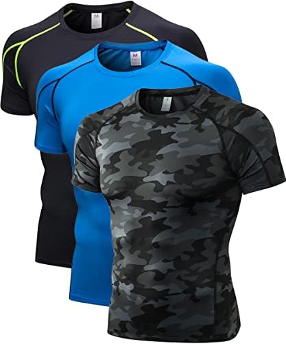 WRAGCFM 3 Paket erkek Sıkıştırma Atletik Kısa Kollu Gömlek,Egzersiz Serin Kuru Taban Katmanı spor T-Shirt Koşu Üstleri