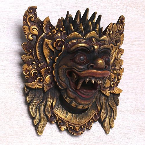 NOVİCA Dekoratif Ahşap Hinduizm Maskesi, Kahverengi ve Altın 'Narasinga'