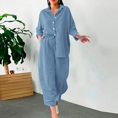 Keten 2 Parça Kadın Şık Kolsuz Düğme Gömlek ve Pantolon Kıyafetler Gevşek Fit Kamuflaj Baskı Salonu Pijama Şort Setleri