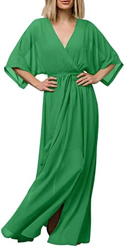 Sonbahar Elbiseler Kadınlar için Seksi Derin V Boyun Yarım Kollu Dökümlü uzun elbise Düz Renk Bölünmüş Maxi Elbise
