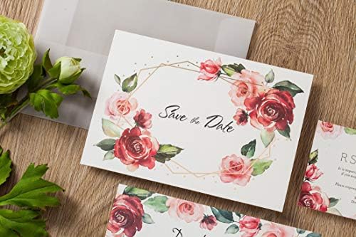 WİSHMADE 50 Adet Çiçek Kırmızı Gül Düğün Davetiyeleri Kart Stoğu, Parşömen Kağıt Zarf ile altın Folyo Sınır, Nişan