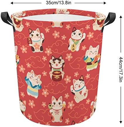 Katlanabilir çamaşır sepetleri Japon Şanslı Kediler Su Geçirmez çamaşır sepeti Kolları ile Pençe Paraları Yuvarlak