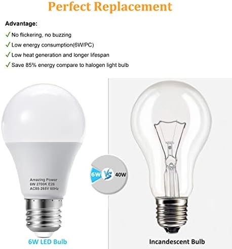 İnanılmaz güç E26 LED Ampul, 40W Eşdeğer Orta Taban Ampul, Kısılabilir, Yumuşak Beyaz 2700K, 6W Parlak Beyaz LED