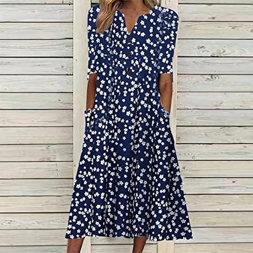 Elbiseler Kadınlar için 2023 Yaz Casual Midi Elbise Çiçek Düğme Aşağı Boho uzun elbise V Boyun Kısa Kollu Plaj Elbiseleri