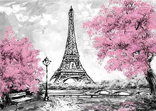 Qıan Pembe Çiçekler Ağaçlar Eyfel Kulesi Arka Plan Fotoğraf Gri Paris Fotoğraf Stüdyosu Sahne Afiş Düğün Tema Parti